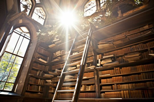 Sunlight shining through a library window onto a ladder and bookshelves
