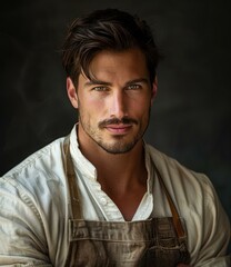 Portrait of a handsome young man with green eyes and dark hair wearing an apron
