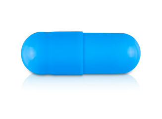 Blue capsule tablet isolated on a transparent background with shadow. Stock photo.