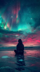 girl watching the fantastic beautiful aurora borealis in awe - obrazy, fototapety, plakaty