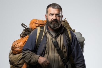 Fototapeta premium portrait of a male hiker with a beard and a backpack