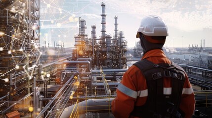 Fototapeta premium Digital Transformation Petrochemical Engineer Enhancing Refinery Operations with Virtual Process Models and SEO Analytics