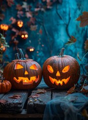 Two Halloween pumpkins with a spooky background