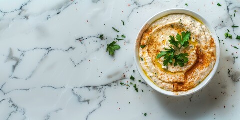 Homemade hummus with olive oil and parsley