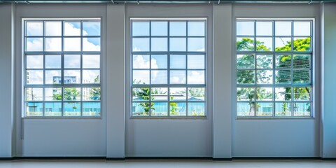 Three floor-to-ceiling windows in a modern building
