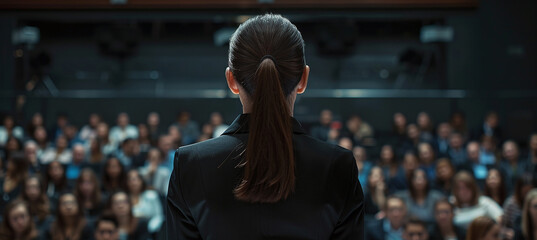 Symposium of Business and Entrepreneurship. A woman speaker makes a presentation at a business meeting. Audience in the conference room.
