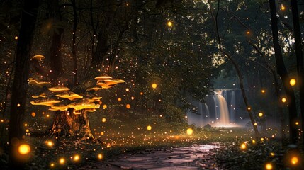 Obraz premium Glowing mushrooms in a magical forest with a waterfall