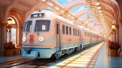 Obraz premium A pink and blue train is in a pink and blue station