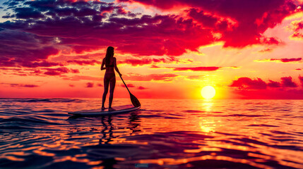 Woman standing on surfboard in the ocean at sunset with paddle.