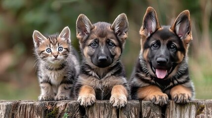   Three small puppies perched on top of wooden fence alongside one small kitten