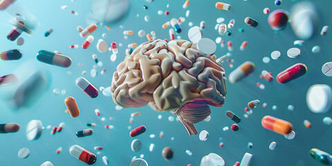 Brain full of pills. Addiction to drugs, medications for depression and mental illness