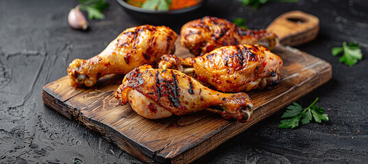 Baked chicken legs on a wooden board. Grilled chicken, grilled chicken legs. On a dark background