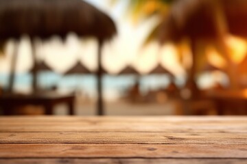 A photo of an empty wooden table with a tiki beach bar blurred background Generative AI