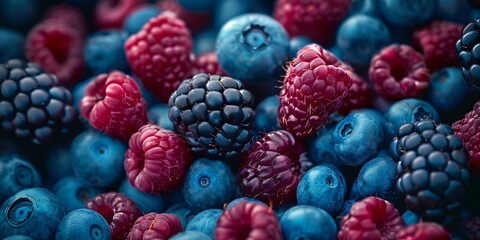 Close-up image of assorted berries including raspberries, blackberries, and blueberries with a vivid, colorful backdrop.