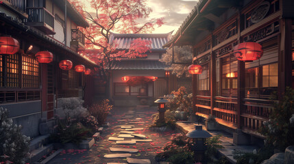A beautiful and cozy japanese village city town in the morning wallpaper. buddhist temple shinto shrine. anime comics artstyle. cozy lofi asian architecture. 169 4k resolution. Generative AI