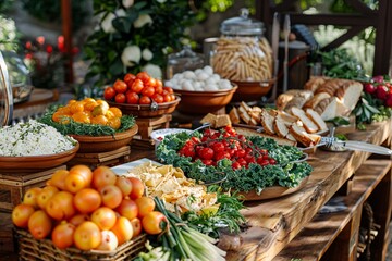 An abundant brunch spread featuring a variety of fresh fruits, pastries, salads, and breads on wooden tables in a garden setting.