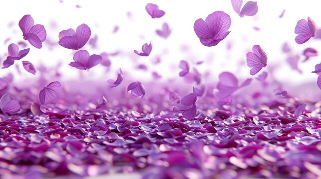   Overhead, a multitude of purple butterflies flit among a radiant expanse of purple flowers Sunlight bathes the scene, casting long shadows beneath, while a tranqu