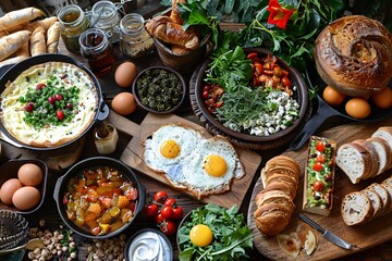 Brunch spread featuring various dishes, including omelette, eggs, tomatoes, pastries, and fresh bread, surrounded by raw ingredients and jars.