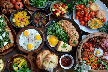 Assorted brunch dishes including eggs, pastries, fresh fruits, salads, and cured meats on a wooden table.