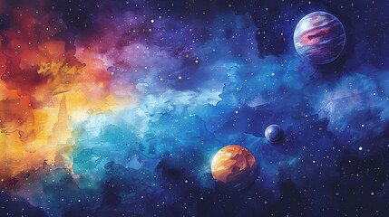 Watercolor Galaxy with Planets