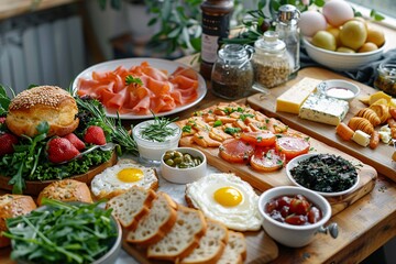 Elaborate brunch arrangement featuring a delicious variety of dishes including eggs, smoked salmon, cheeses, pastries, and assorted fresh fruits. - Powered by Adobe