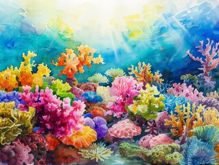 Fototapeta na wymiar Watercolor Painting of a Vibrant Coral Reef