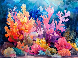 Watercolor Painting of a Vibrant Coral Reef - obrazy, fototapety, plakaty