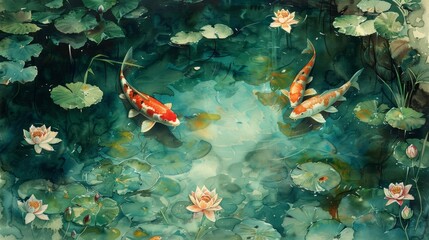 Serene Koi Pond Watercolor Painting - obrazy, fototapety, plakaty