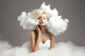 Woman with peaceful expression, light blonde hair, closed eyes, and clouds around her head, embodying dream-like surreal atmosphere