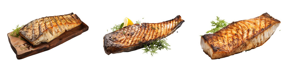 Collection of Grilled Halibut isolated on transparent png background. Generative ai