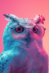 An owl dons hipster glasses in a surreal portrait bursting with electric blues and pinks