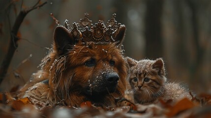   A close-up of a dog and cat laying on the ground, wearing crowns on their heads