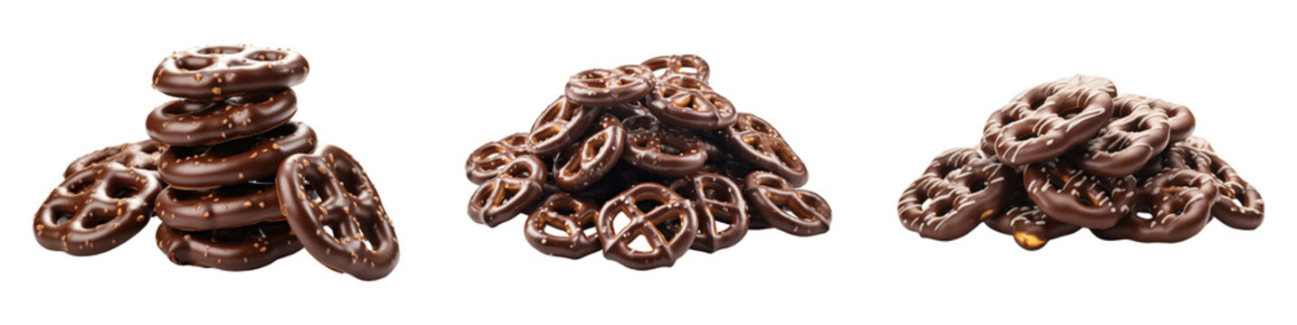 Collection of Dark Chocolate Pretzels isolated on transparent png background. Generative ai