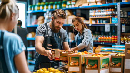 Man and woman working in grocery store with boxes of food.