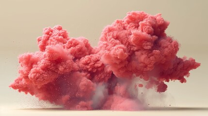   A white wall in the center of a pristine room releases a pink cloud of smoke from its summit