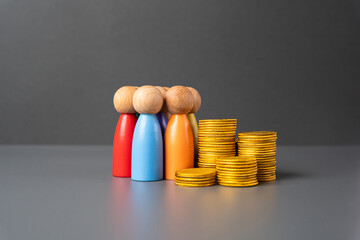 People and a stack of money coins. Salaries and pensions. Investment group. Invest in business and...
