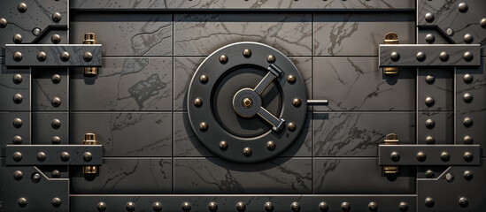 Security Concept. Closed Metal Bank Vault Door with Combination Lock and Heavy Bolts