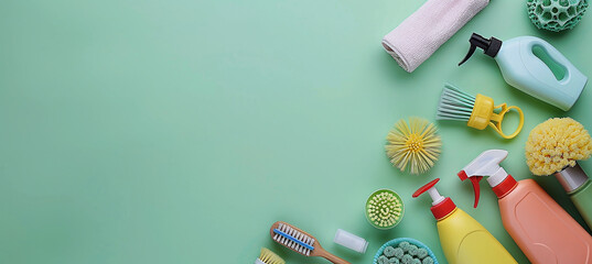 Flat lay composition with various cleaning products on green background