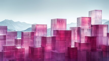   A large group of pink cubes is situated in front of snow-capped mountains in the background