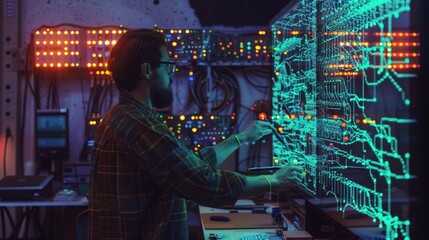 Tech Genius Mastering the Digital Universe Back View of Professional Repairing Holographic Network Display