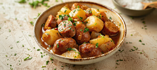 Naklejka premium Dublin Nanny or Irish Traditional Sausage and Potato Stew, horizontal shot on a beige stone background