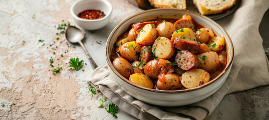 Obraz premium Dublin Nanny or Irish Traditional Sausage and Potato Stew, horizontal shot on a beige stone background