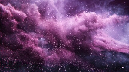   A purple sky adorned with abundant pink and purple clouds, stars scattered in the night's midpoint