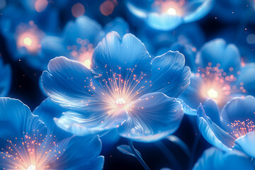 3D render of bright blue neon glowing abstract macro flowers