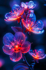 3D render of bright blue pink neon glowing abstract flowers