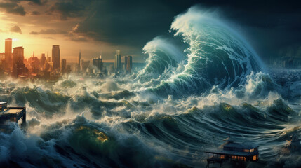 illustration of a giant tsunami wave rolling over a metropolis