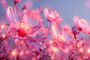 3D render of bright pink neon glowing abstract macro flowers