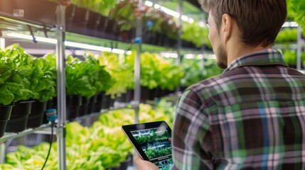Modern Agriculture Worker Monitoring Hydroponic Farm with Technology