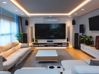 A living room with a white couch, a coffee table, and a large flat screen TV. The room is well lit and has a modern, clean look