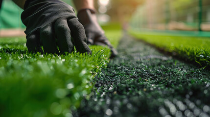 close-up of male hands in black gloves laying green artificial turf on his property - obrazy, fototapety, plakaty